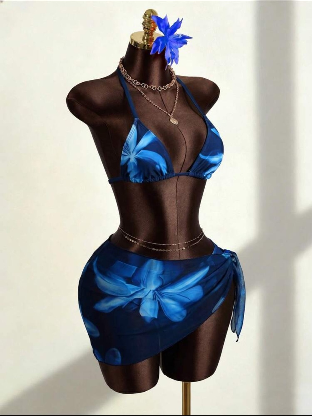 Blue Floral Triangle Bikini with Sarong - Women Swim